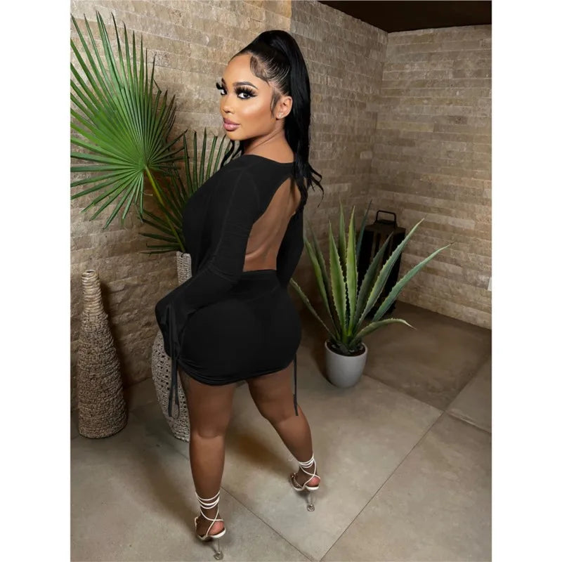 Y2k Backless Deep V Mini Lace Dress Long Sleeve Two Piece