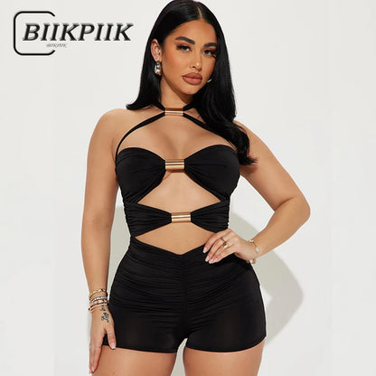 Sexy Hollow Out Women Playsuits Fashion Metal Rings Backless Skinny Rompers