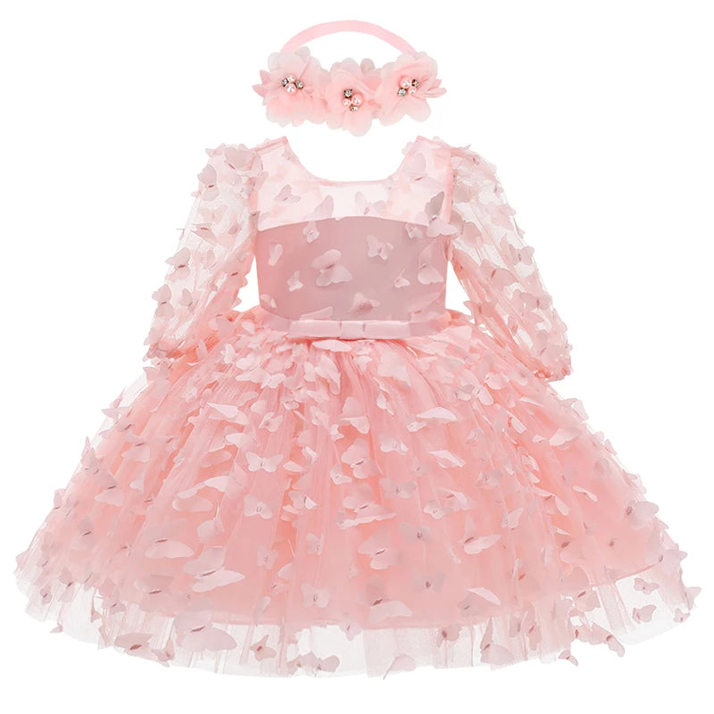 0-24M Baby girl dress full moon baptism dress mesh fluffy princess dress three-dimensional flower bow