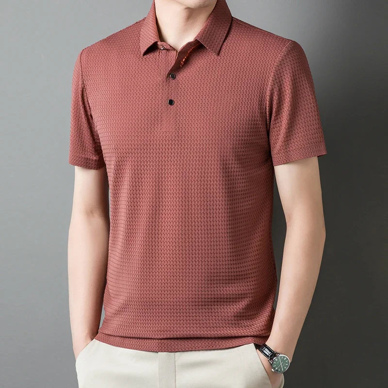 Summer New Men's Ice Silk Hollow Short-sleeved Polo Shirt Men