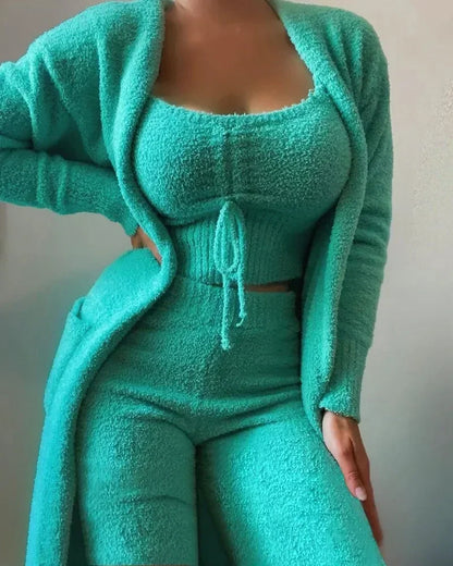 2024 New Autumn Winter Women's Velvet Pajamas Set Crop Top+Long Pants+Coat 3 Pieces Suit Warm Soft Fleece Homewear Pyjamas S-3XL