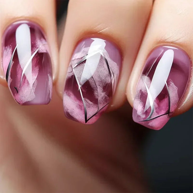 24Pcs Simple Blue French Fake Nails with Diamond Love Pattern Design False Nails Press on Mid-length Ballet Full Cover Nail Tips