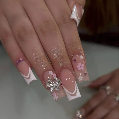 24Pcs White French False Nails Long Ballet Fake Nail with Pearl Bow Flower Design Press on Nails Pink Wearable Square Nails Set