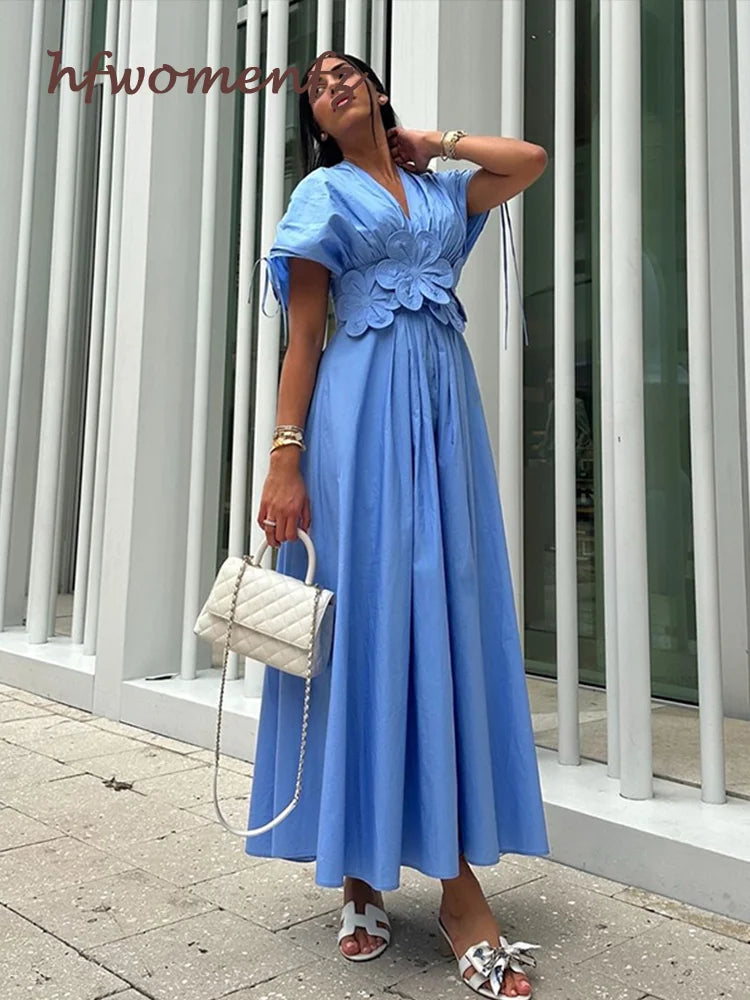 3D Flower Pleated Long Maxi Dress