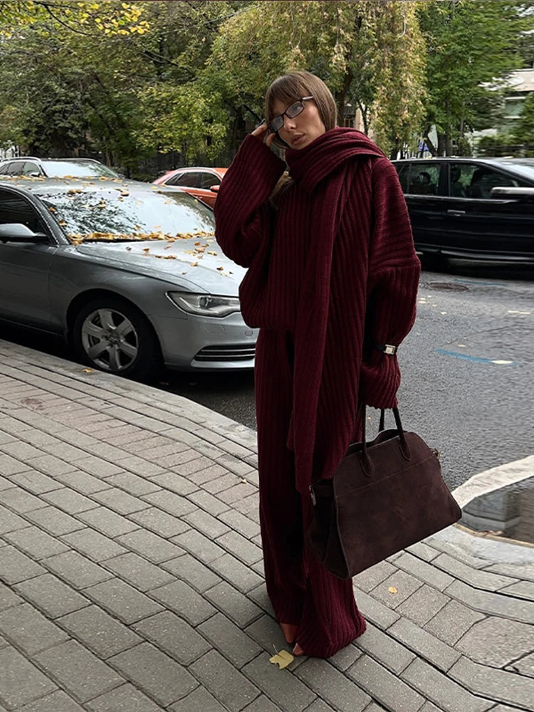 Elegant Burgundy Color Women's Loose Wide Leg Pants Set Chic Scarf Collar V-neck Knitted Sweater Suits Lady Street Knitwear