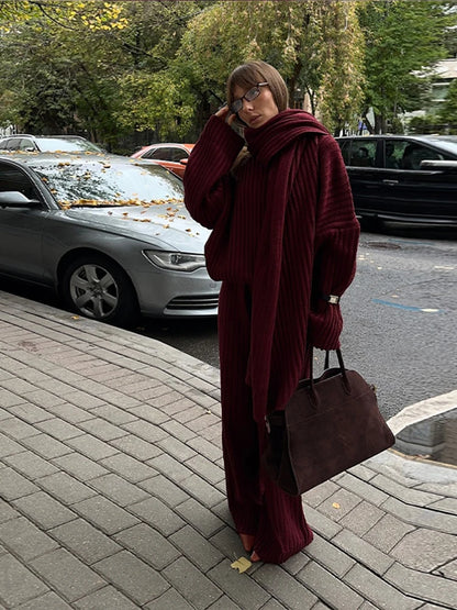 Elegant Burgundy Color Women's Loose Wide Leg Pants Set Chic Scarf Collar V-neck Knitted Sweater Suits Lady Street Knitwear