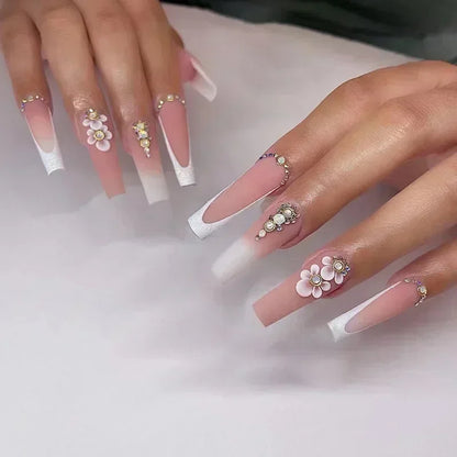 24Pcs False Nails Long Coffin Ballet French with Rhinestones Wearable Fake Nails Blue Flower Full Cover Press on Nails Tips Art