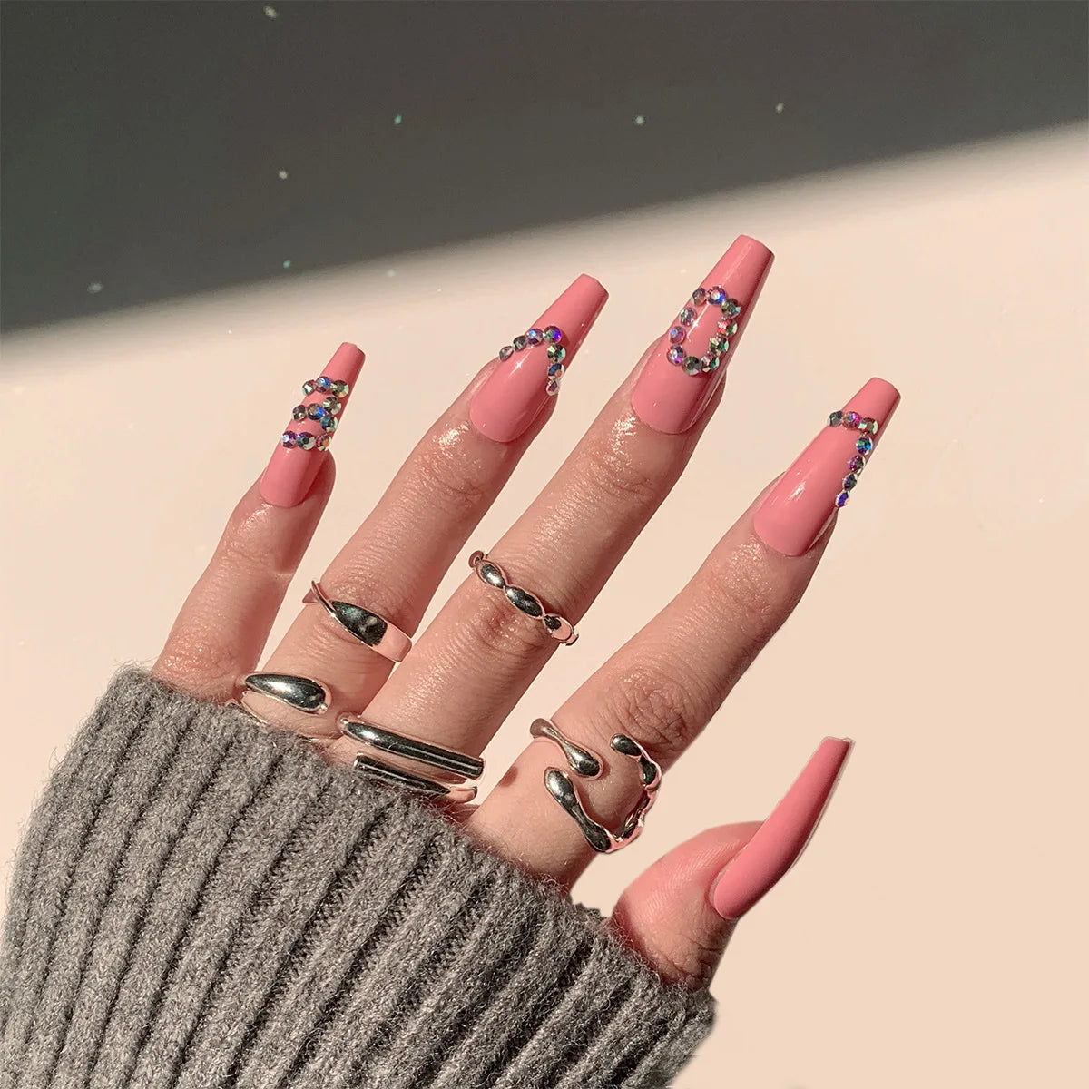 24Ps Super Long Ballet Wearable Fake Nails Blue Diamond Small Flower Press on Nail Stickers Finished Removable False Nail Pieces