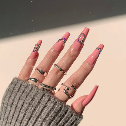 24Ps Super Long Ballet Wearable Fake Nails Blue Diamond Small Flower Press on Nail Stickers Finished Removable False Nail Pieces