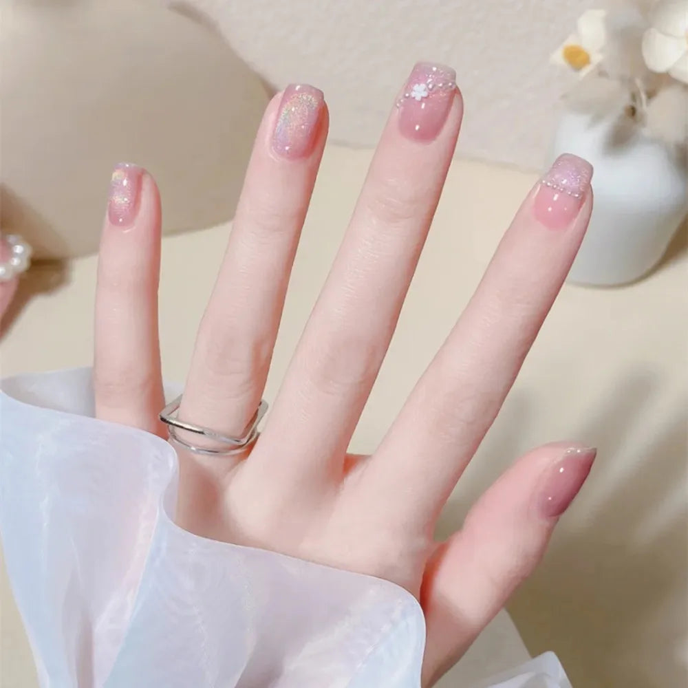 24Pcs Short Round Head Ballet Manicure Press On Nail Full Cover Artificial Coffin Fake Nails Wearing Reusable False Nails Art