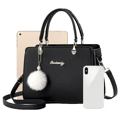 Women Plush Ball Decor Handbag PU Leather Top Handle Shoulder Bags