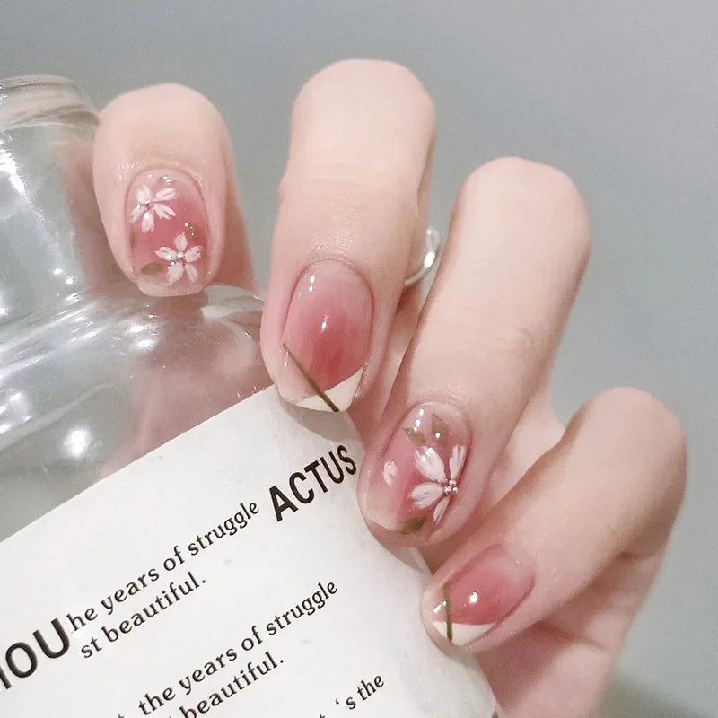 24Pcs Wearable French Fake Nails with Glue Simple Square False Nail Pink Short Detachable Press on Nail Tips Nude Manicure