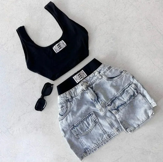 Korean sweet style suspender top two-piece set with low waist and spliced sexy slim casual