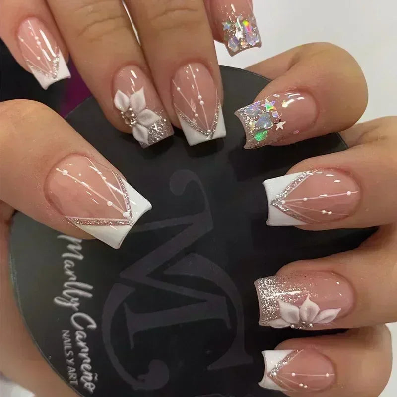 24Pcs Short Square Coffin False Nails Square Fake Nails with Glue French Glitter Wearable Acrylic Nails Set Press on Nail Tips