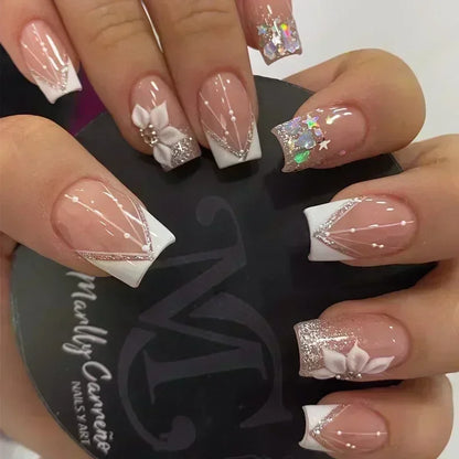 24Pcs Short Square Coffin False Nails Square Fake Nails with Glue French Glitter Wearable Acrylic Nails Set Press on Nail Tips