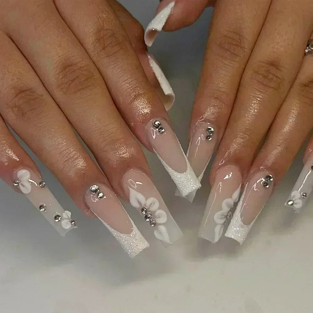 24Pcs Long Ballerina False Nails Press on Nails Serpentine Flower with Rhinestones French Fake Nails Wearable White Nail Tips