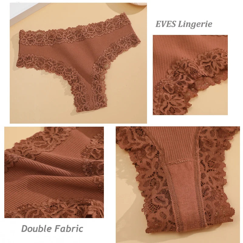 5PCS/Set Women Cotton Panties Sexy Lace Brazilian Panties Low Waist Elastic Thongs Female Comfortable Underwear Solid Color S-XL