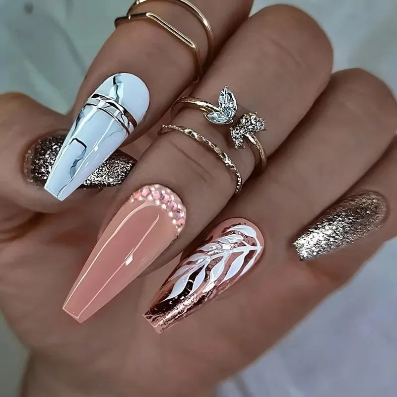 24pcs Artifical Bails With Glue Fake Nail Tips With Design Detachable Press On Nails Long Fake Nail Finished Nail Piece Sticker