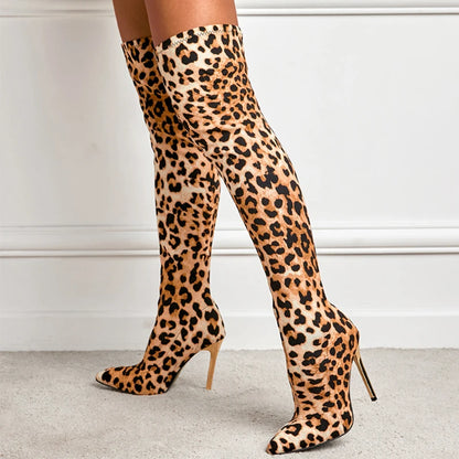 Aneikeh Over Knee Long Boots Sexy Leopard Fetish Strip Pole Dance Pointed Toe Thin Heels