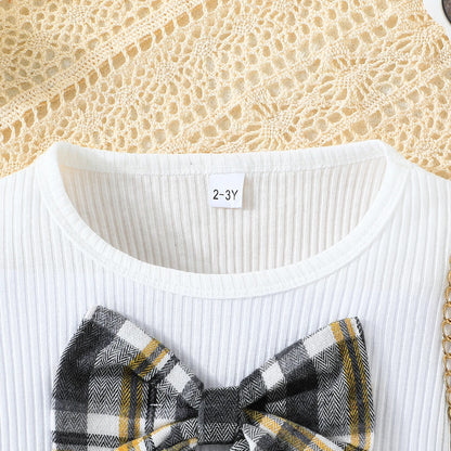 Puff Sleeve Bow Top and Elastic Pleated Skirt Summer Outfit Toddler Infant Clothing Set Kids Wear