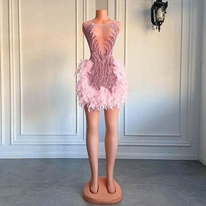 Luxury Sheer Neckline Women Cocktail Dress Pink Feather Black Girl Short Prom Dresses