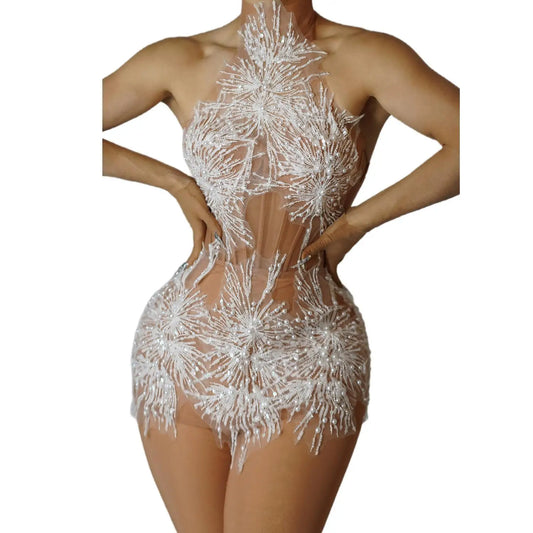 Sparkly Rhinestones Pearls Snow Short Dress