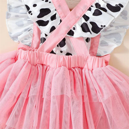 Newborn Baby Girl Pink Cow Print Ruffle Tutu Tulle Romper Dress Princess Birthday Western Cowgirl Summer Outfit