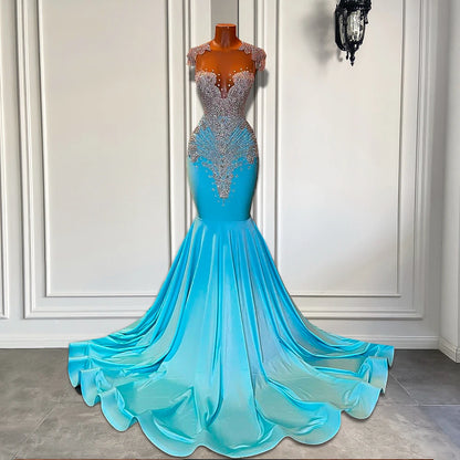 Long Sparkly Sexy Sheer Top Luxury Diamond Light Blue Mermaid Prom Gala Party Gowns