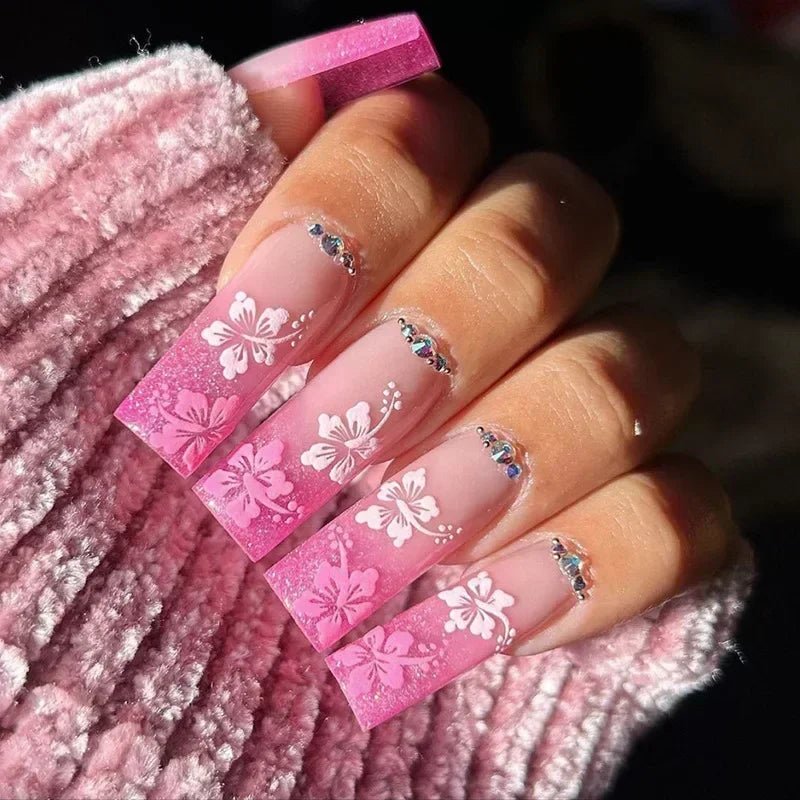 24Pcs Long Ballet French False Nails Pink Butterfly Flower with Rhinestones Wearable Fake Nails Gradient Press on Nail Tips Art