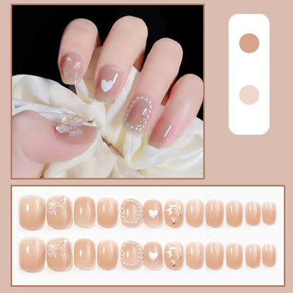 24Pcs Short Round Head Ballet Manicure Press On Nail Full Cover Artificial Coffin Fake Nails Wearing Reusable False Nails Art
