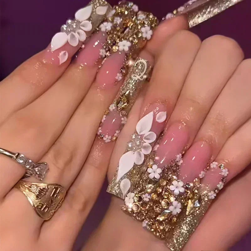 24Pcs Long Ballerina False Nails Press on Nails Serpentine Flower with Rhinestones French Fake Nails Wearable White Nail Tips