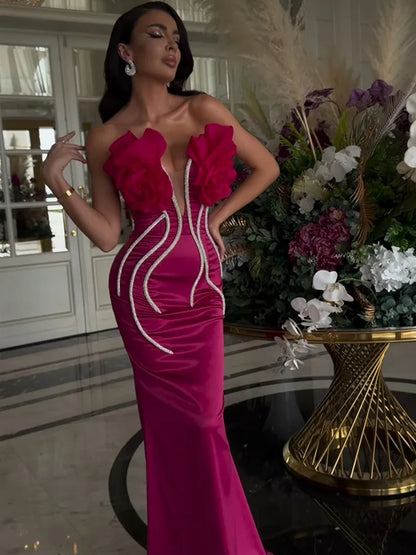 Women Celebrity Sexy Strapless Backless Beading Diamonds Pink Maxi Long Bandage Dress