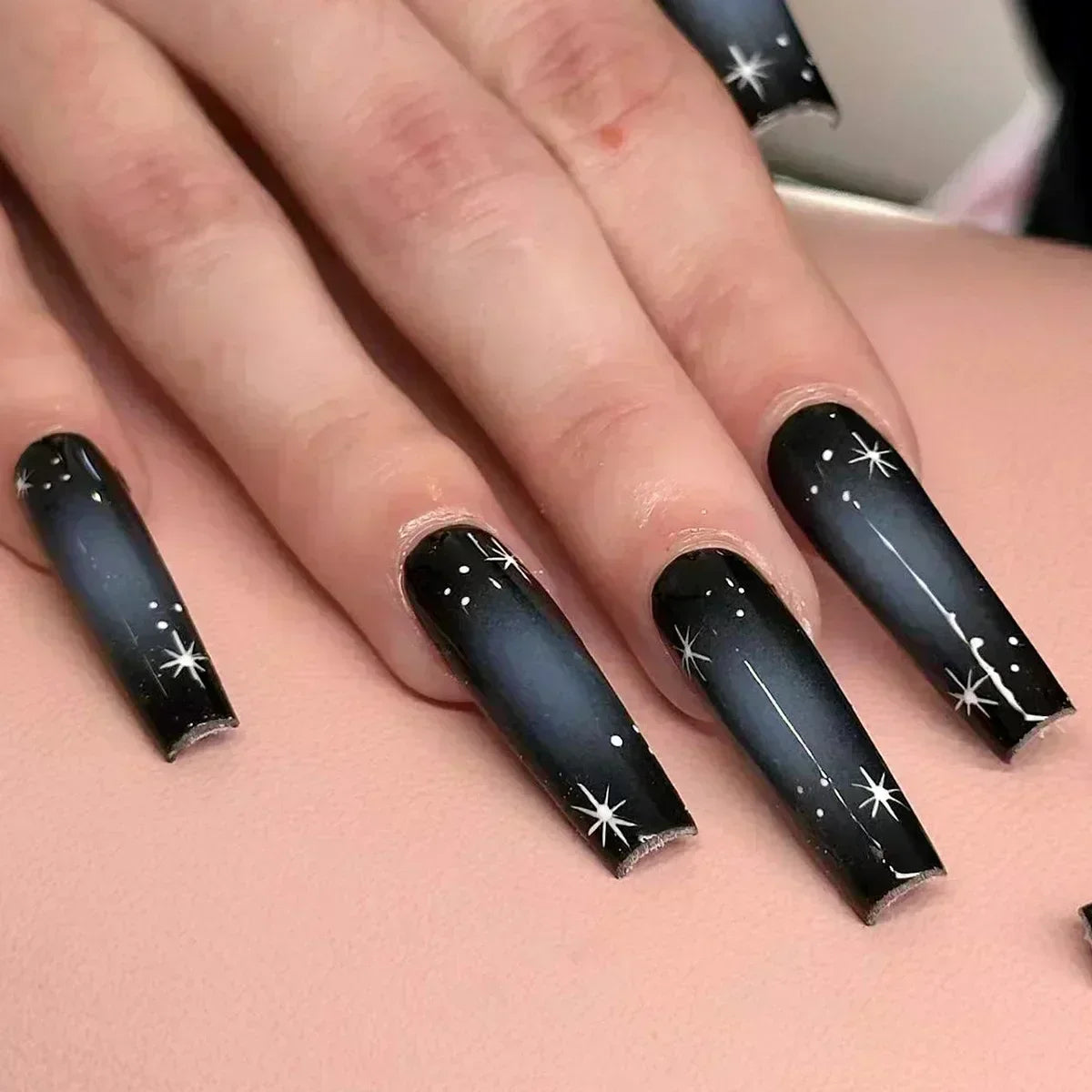 24Pcs Full Cover False Nails with Glue Long Square Coffin Fake Nails French Detachable Ballet Love Pattern Design Press on Nails