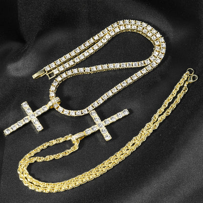 Hip Hop Iced Out Cross Pendant Necklace Strap 4mm Zircon Tennis Chain