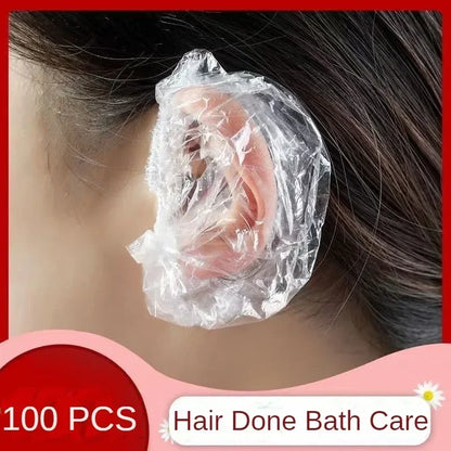 100PCS Disposable Hair Earmuff Dye Transparent Elastic Shower Hair Dye Protection Tool Shield Waterproof Earpack Plastic Wrap