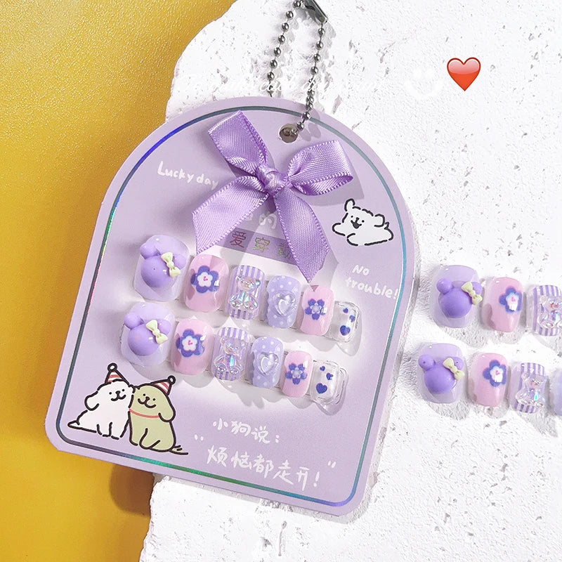 Kids Press On  Purple Square Short Children Cartoon Acrylic Nail  12pcs