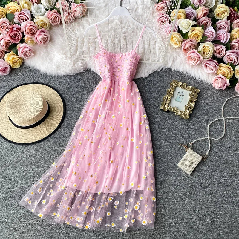 Women daisy Print Dresses Summer Sexy Lace Mesh Dress Spaghetti Strap Ruched Floral