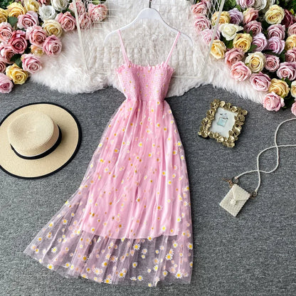 Women daisy Print Dresses Summer Sexy Lace Mesh Dress Spaghetti Strap Ruched Floral