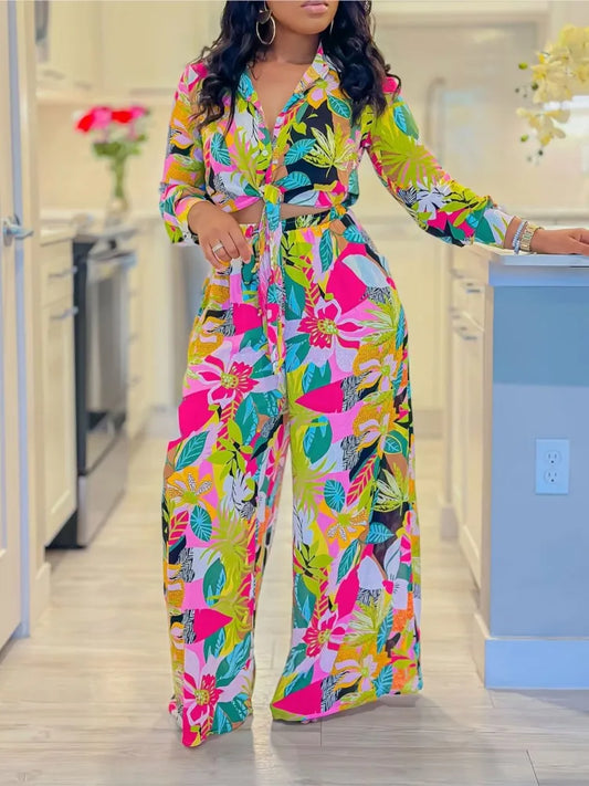 New Long Sleeved Printed Suit For Women Fashion Lapel Single Breasted Shirt Wide Leg Trousers Two Piece Set