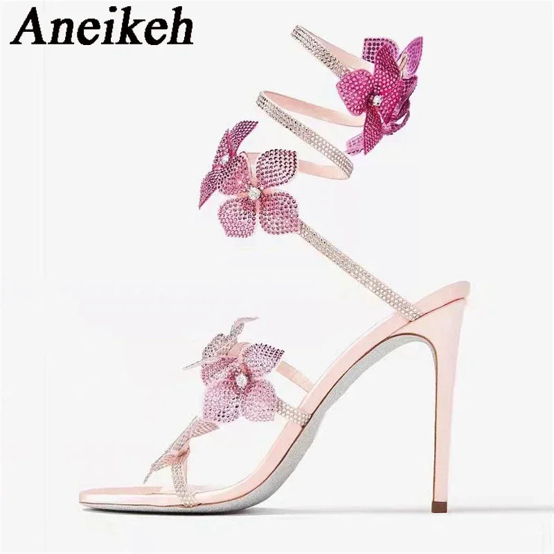 Aneikeh Sexy CRYSTAL Flower Narrow Band Ankle Strap Sandals Woman Thin High Heels Street Style  Pole Dancing Ladies Shoes