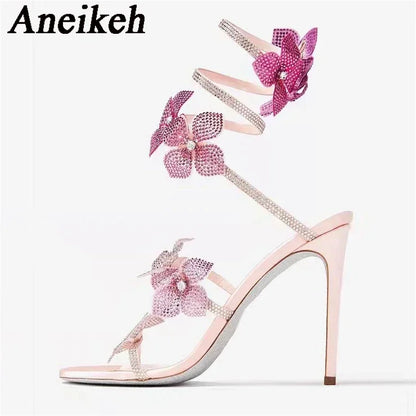 Aneikeh Sexy CRYSTAL Flower Narrow Band Ankle Strap Sandals Woman Thin High Heels Street Style  Pole Dancing Ladies Shoes