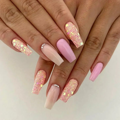 24Pcs Medium Short Square False Nails Glittering Nail Art White Wearable Fake Nail Silver French Full Cover Press on Nail Tips