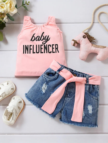 Summer 1-5 Years Old Girls Sweet Letter Printed Pink Tank Top+Cowboy Perforated Shorts Two Piece Set