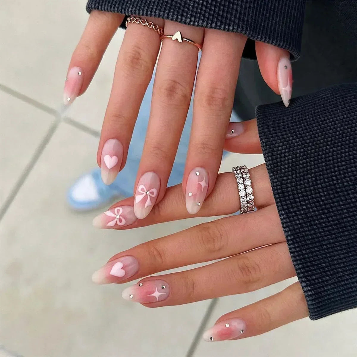 24Pcs Pink Almond French Press on Nails With 3D Bow ripple charms Design Fake Nails Ballerina False Nails Full Cover Nail Tips