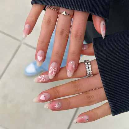 24Pcs Pink Almond French Press on Nails With 3D Bow ripple charms Design Fake Nails Ballerina False Nails Full Cover Nail Tips