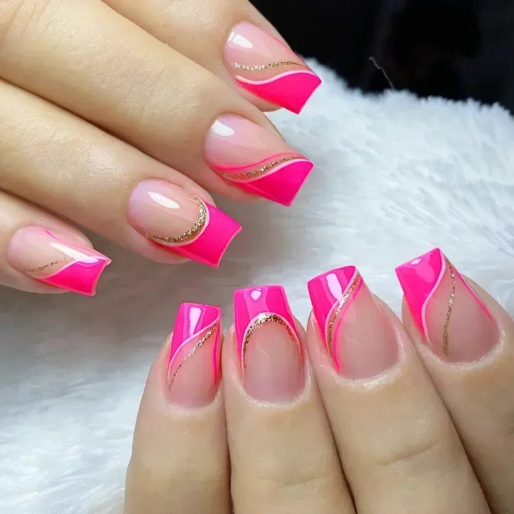 24Pcs Medium Short Square False Nails Glittering Nail Art White Wearable Fake Nail Silver French Full Cover Press on Nail Tips