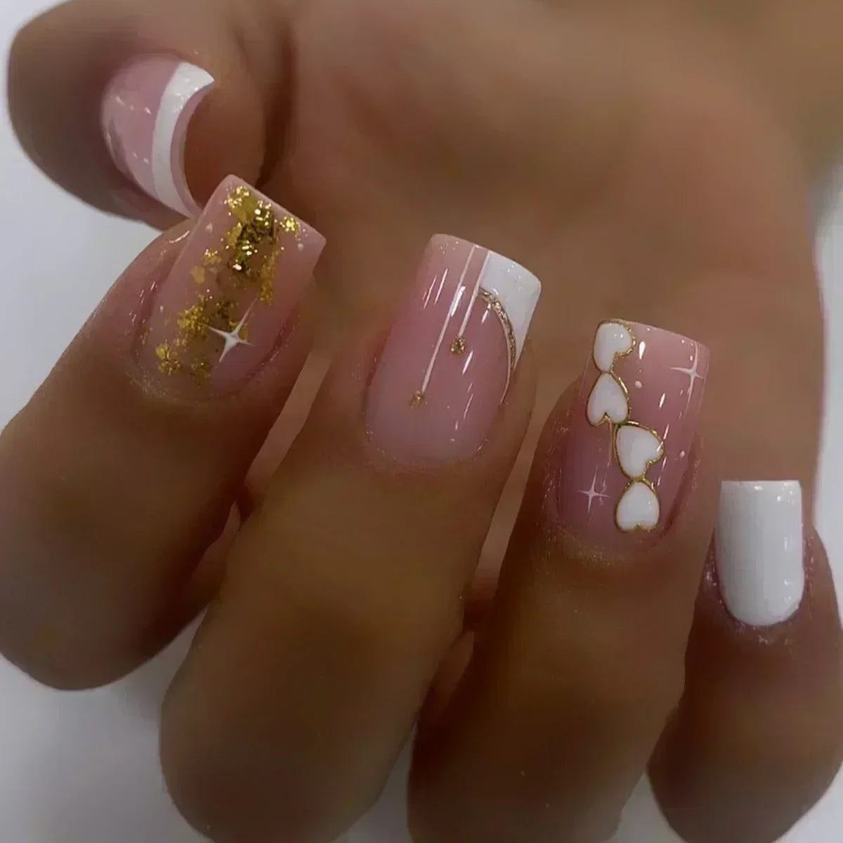 24Pcs Sweet Cool Press on Nails Short Square False Nail Gradient Glitter Line Fake Nails Full Cover Glossy Acrylic Manicure Nail