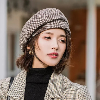 Simple Women Wool Beret for Elegant Lady Winter Female Cotton Hats Plaid Vintage Octagonal Casual Autumn Cap