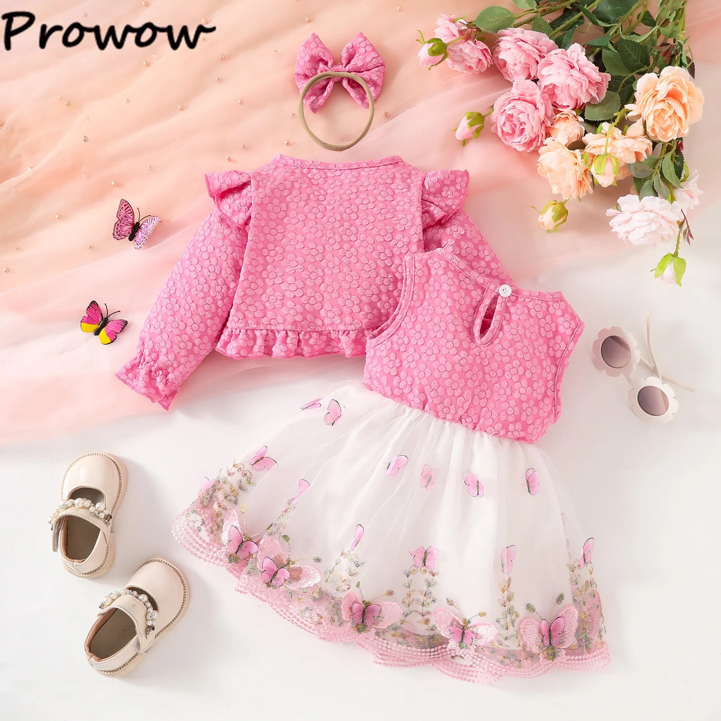 Baby Dresses Birthday Party Costume Pink Jacquard Cardigan Coat and Lace Butterfly Dress For Girls Newborns Infants Clothes