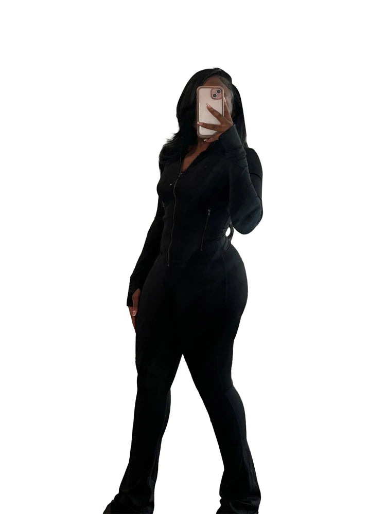 Women Clothes Two Piece Flared Pants Tracksuits Set